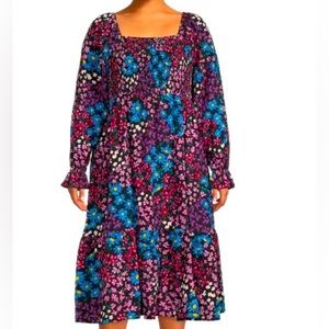 Terra & Sky long sleeved smocked floral patchwork dress